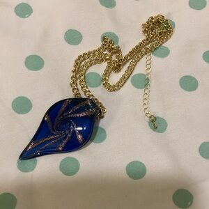 Murano Blown Glass Royal Blue Pendant From Italy With Gold Tone Link Chain